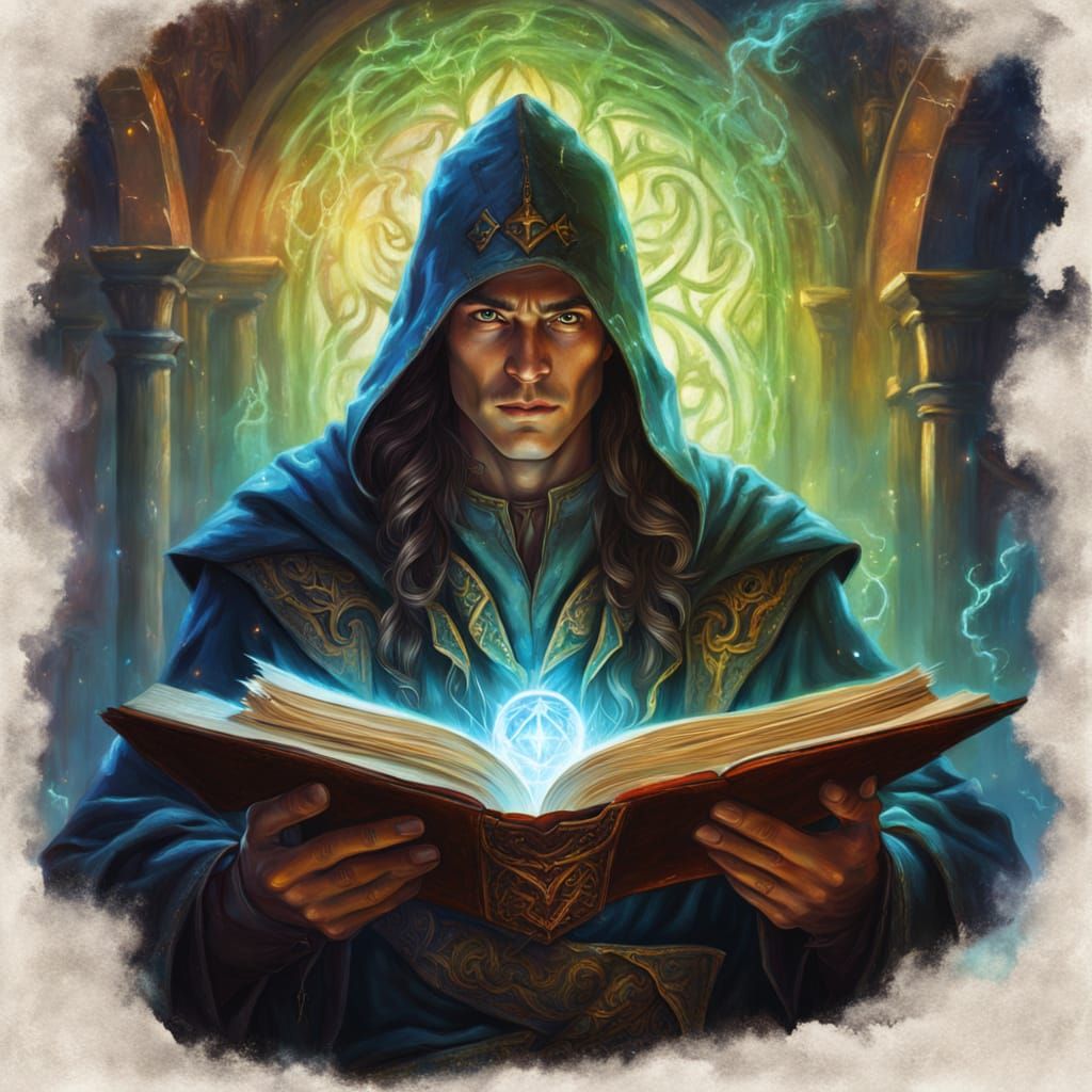 Half-Elf Wizard Casting Magic: Fantasy Oil Painting