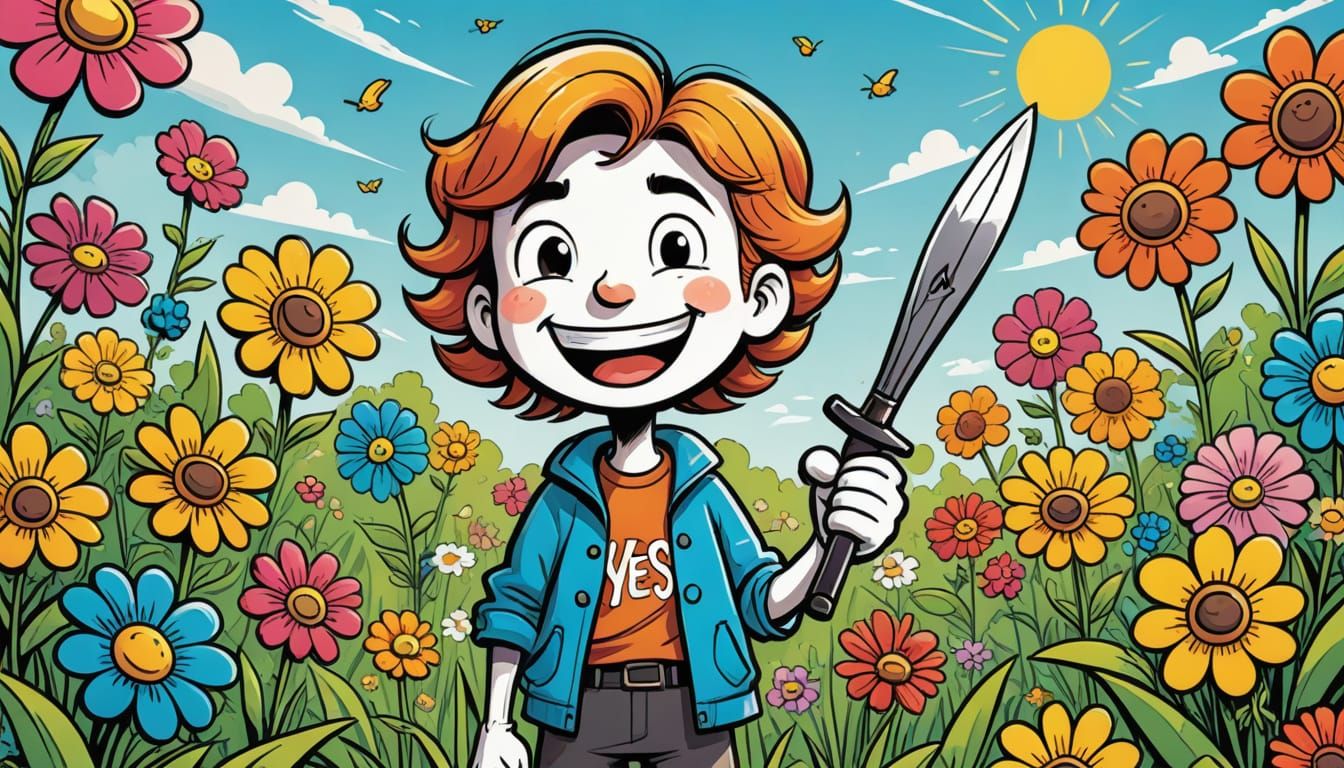 Vibrant Cartoon Garden Scene with Smiling Hero