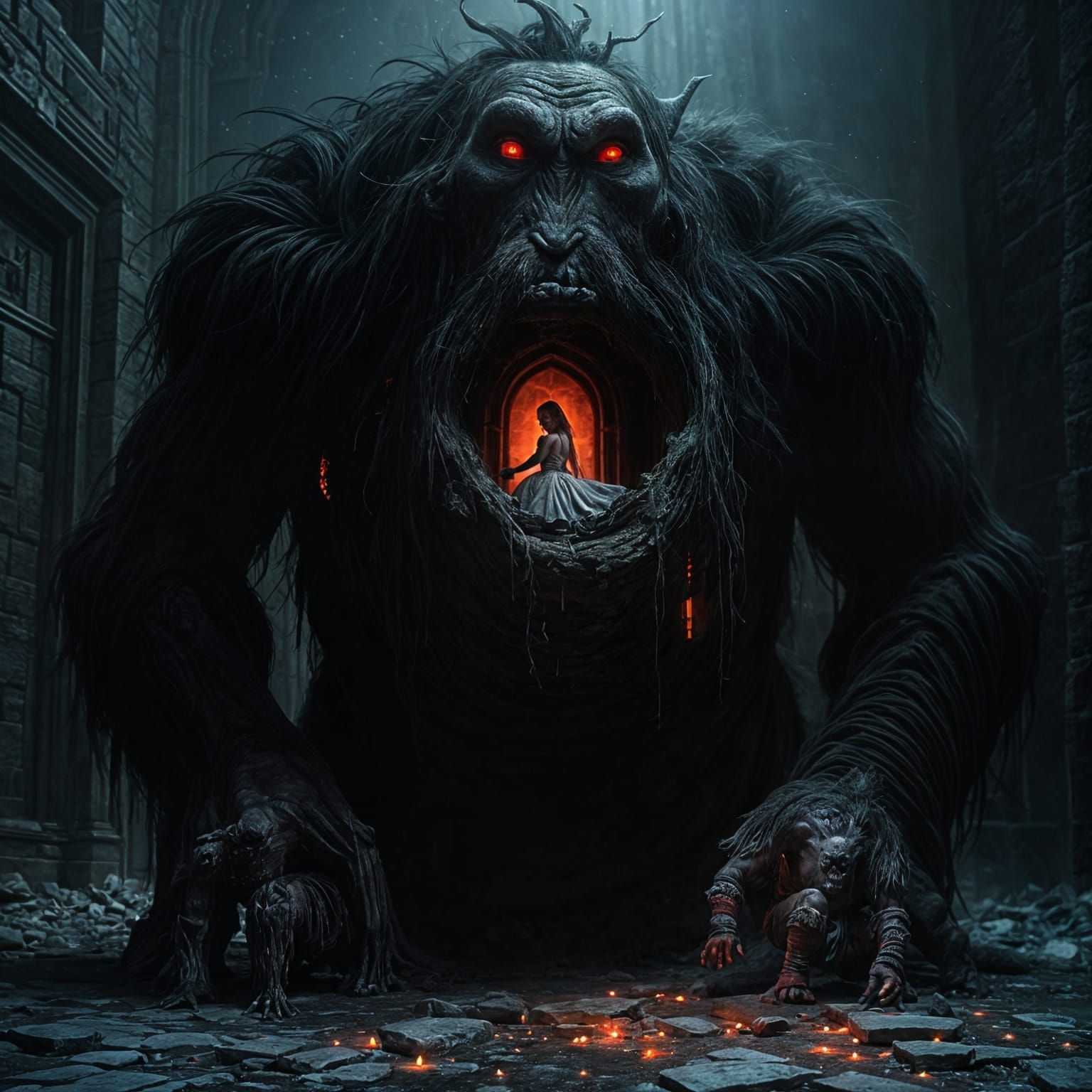 Ancient Ogre Encases Damsel in Cryptic Prison