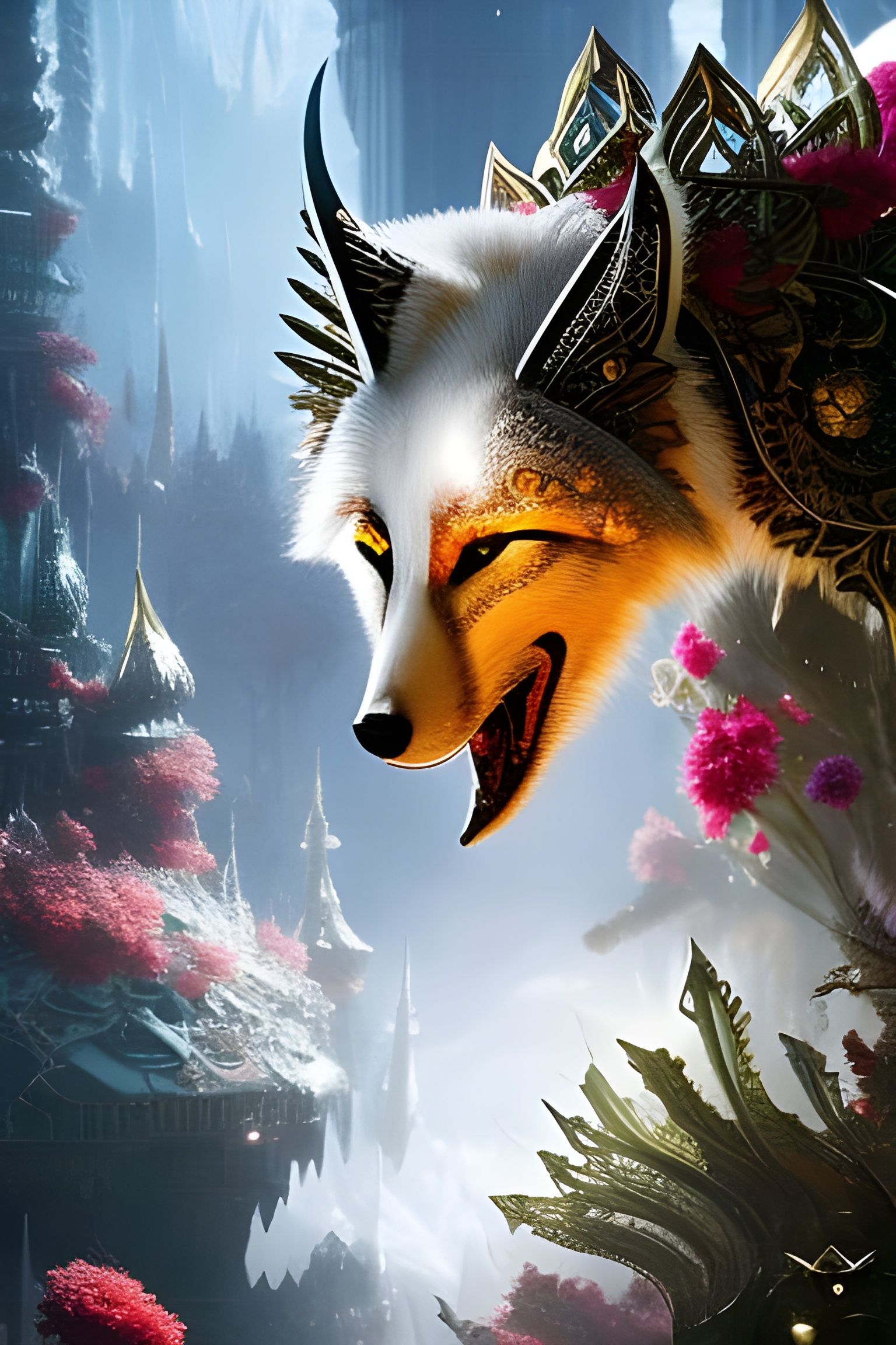 Armored White Fox in a Fantasy Landscape