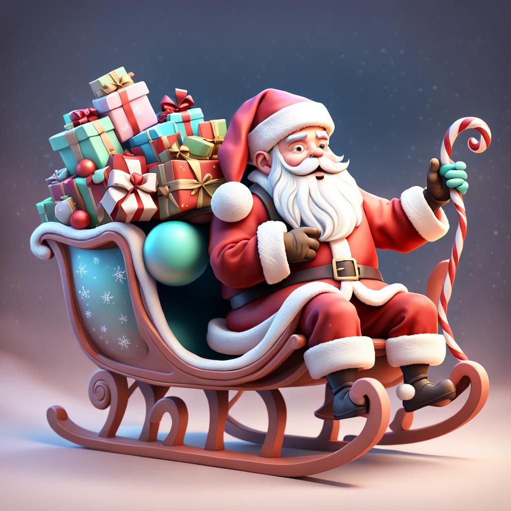 Adorable Clay Santa in Sleigh, 3D Render