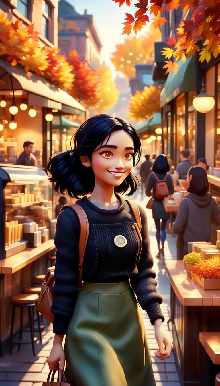 Autumn Cafe Girl in Pixar Animation Style