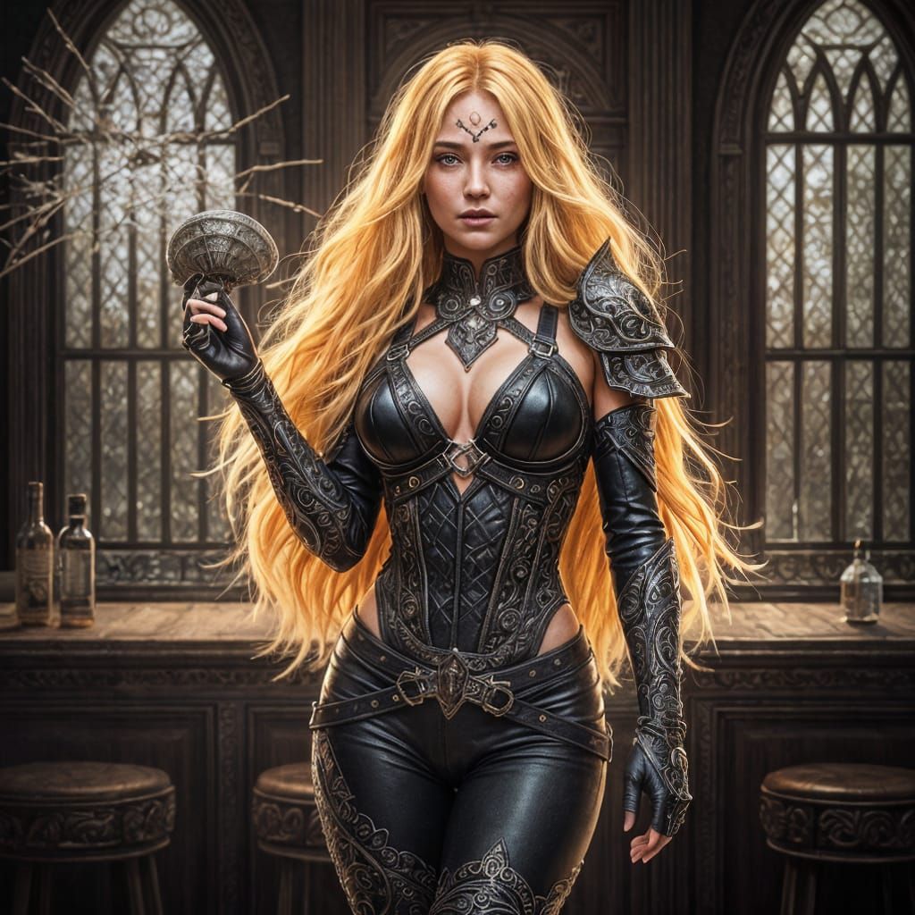 Cyberpunk Demoness Warrior in Futuristic Bar