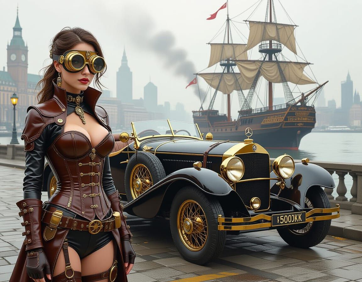 Steampunk Girl and Car in Hyperrealistic Style