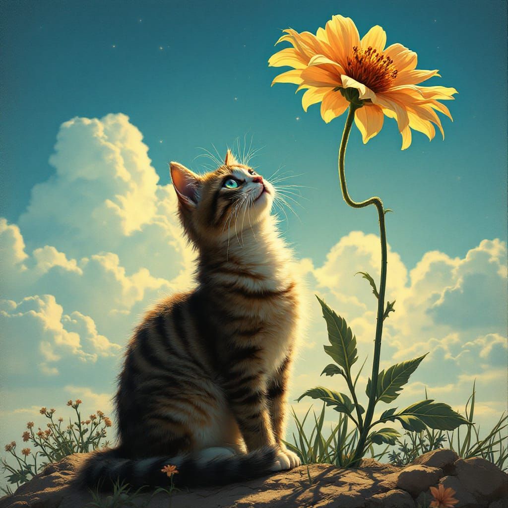 Pin-Up Style Cat Under Flower with Solarpunk Lighting