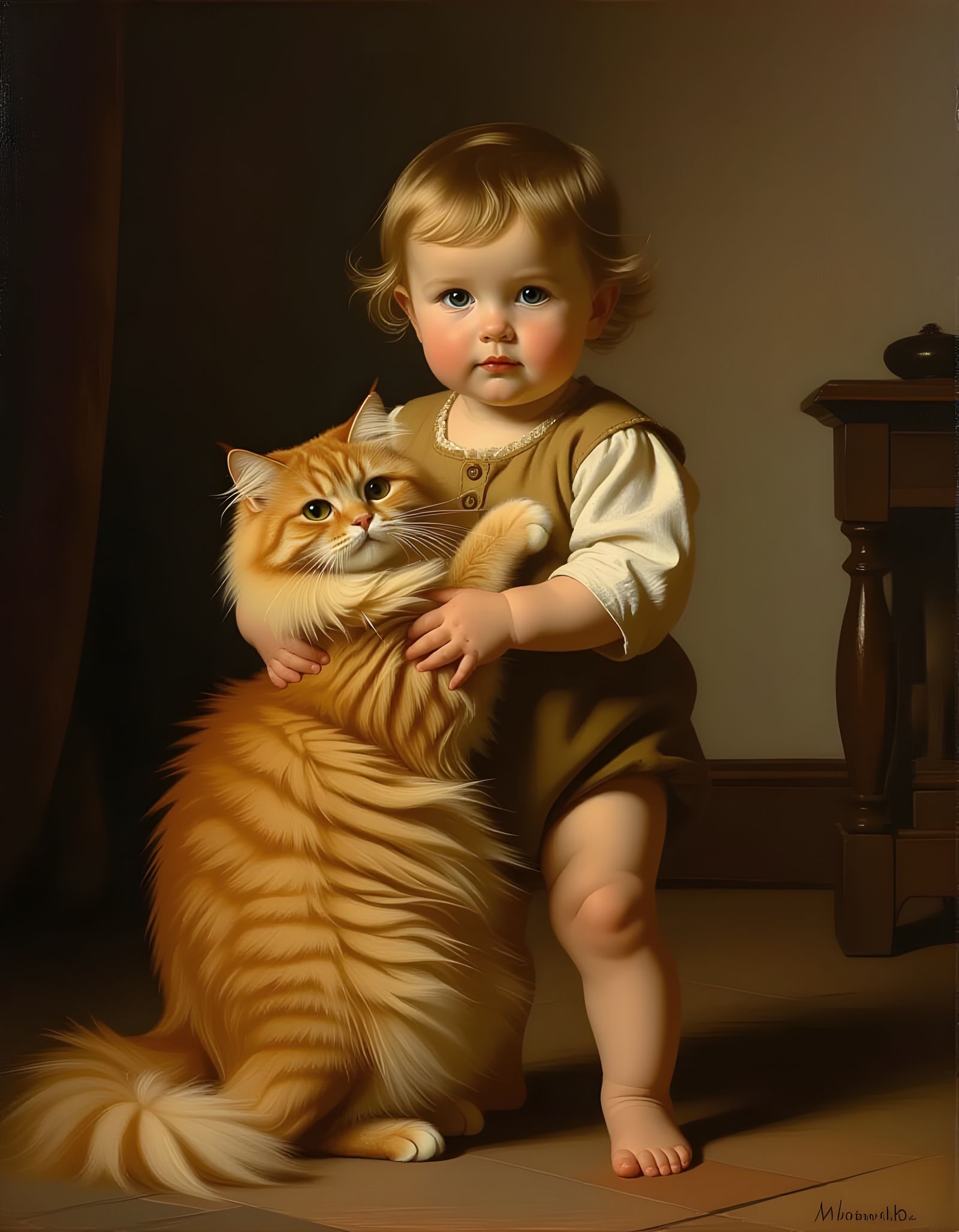 Painting of a Toddler Holding a Chubby Orange Cat