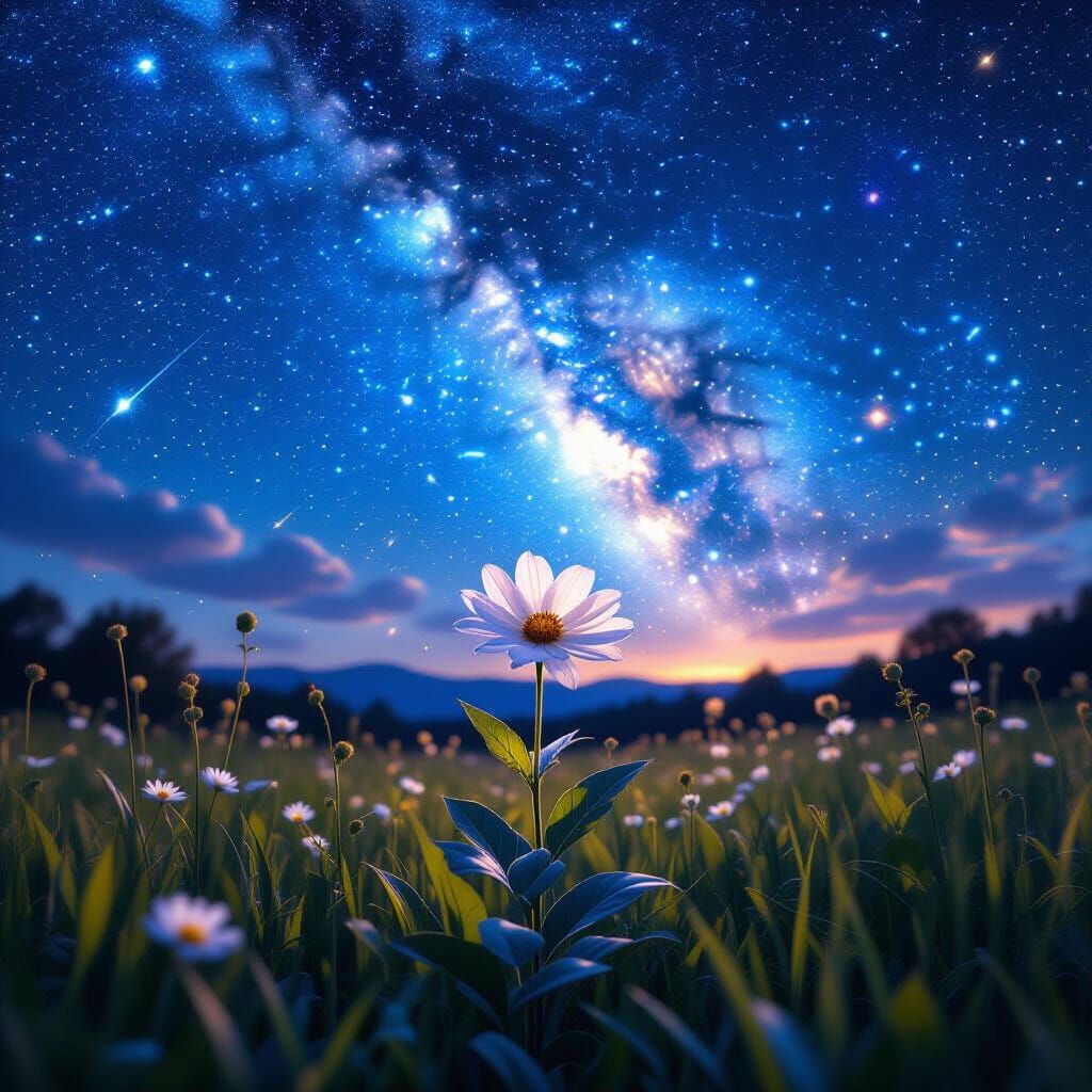 Blooming Flower Under Electric Starry Sky