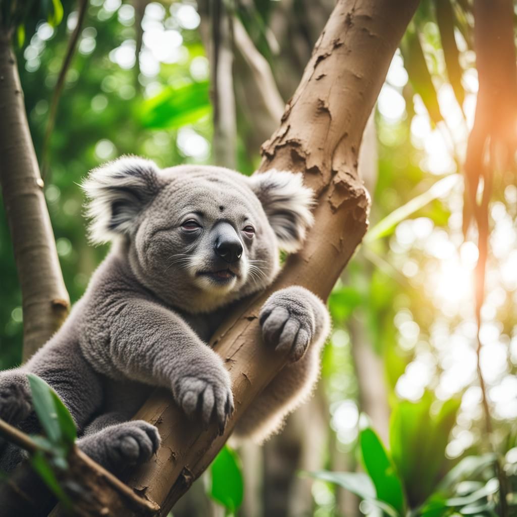 Cute Koala Sleeping in Jungle Sunlight