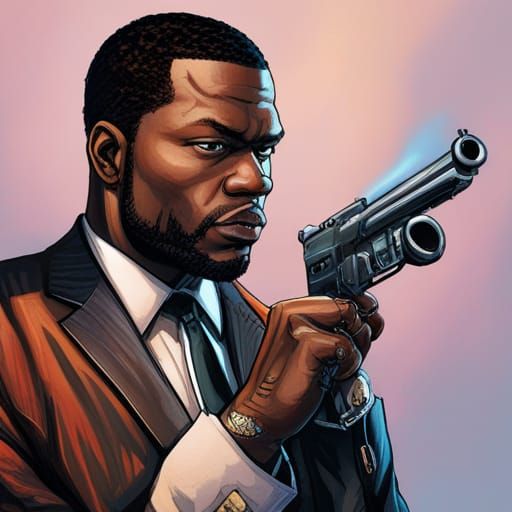 Hyperrealistic Portrait of Man with Guns in Comic Art Style