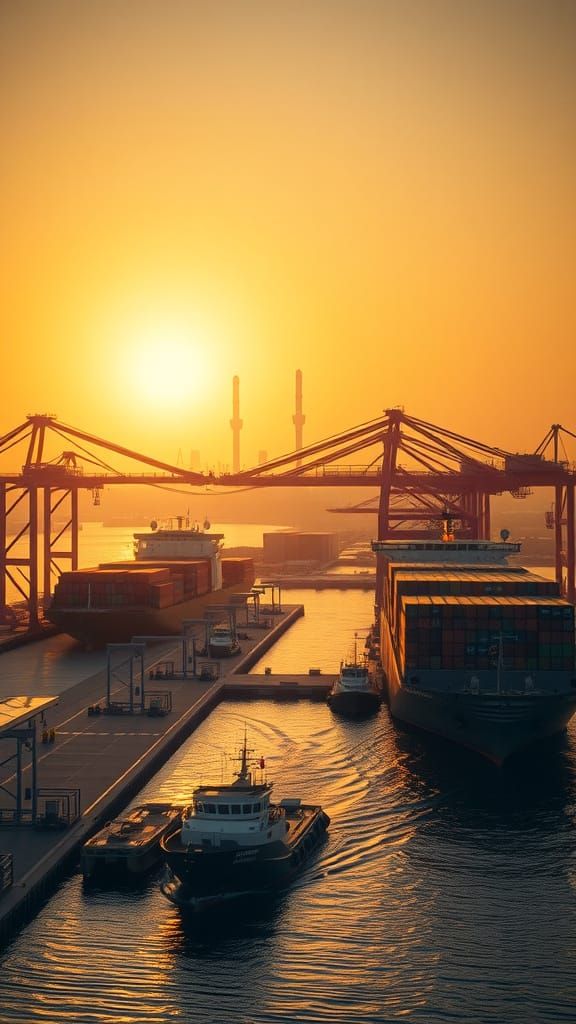 Industrial Sea Port at Sunset in Cinematic Style
