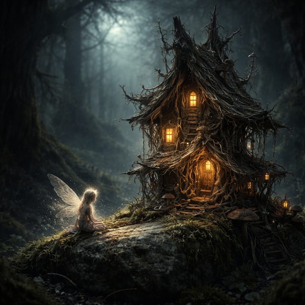 Mystical Fairy Home in Moonlight Forest