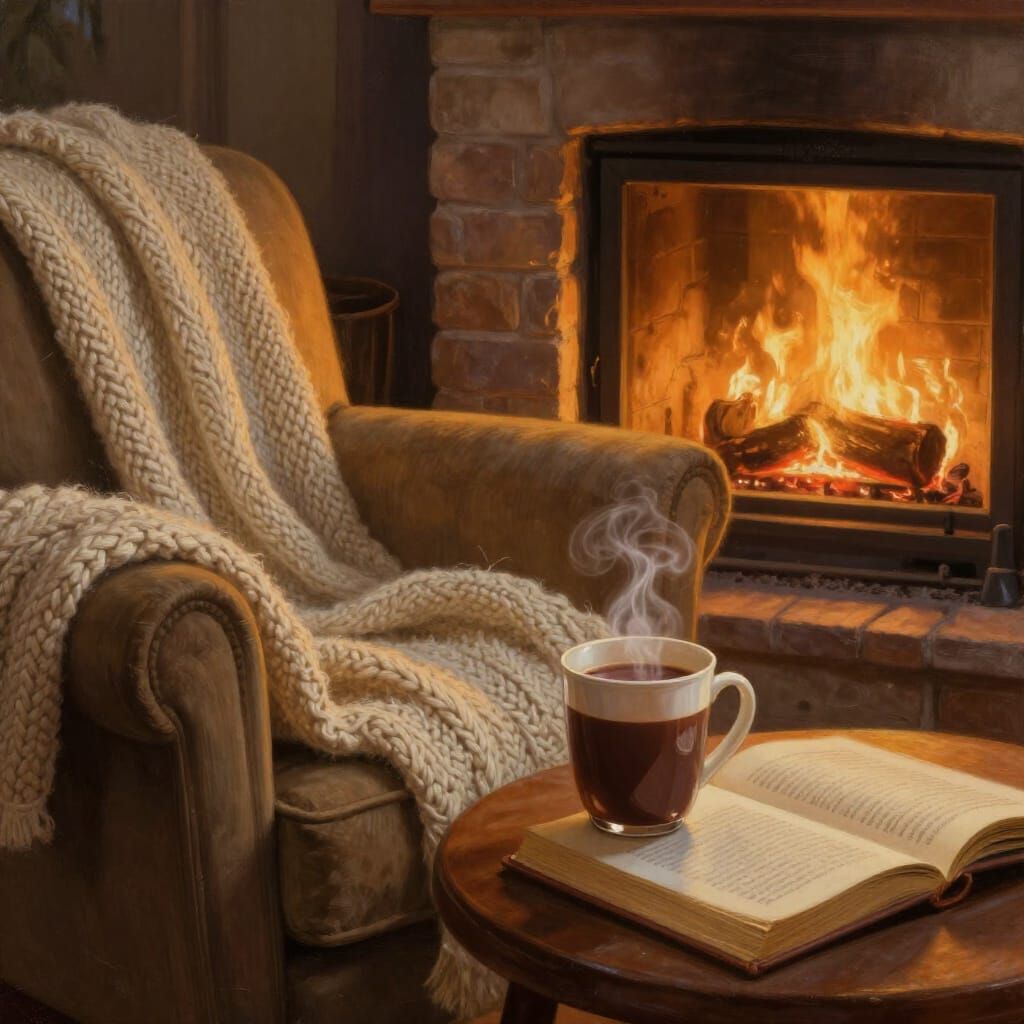 Cozy Armchair by Fireplace with Cocoa and Book