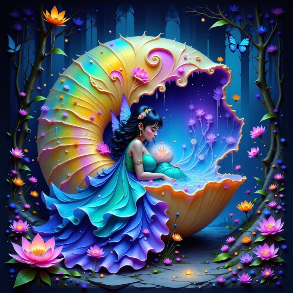 Bioluminescent Fairy on Nautilus Shell in Dreamlike Forest