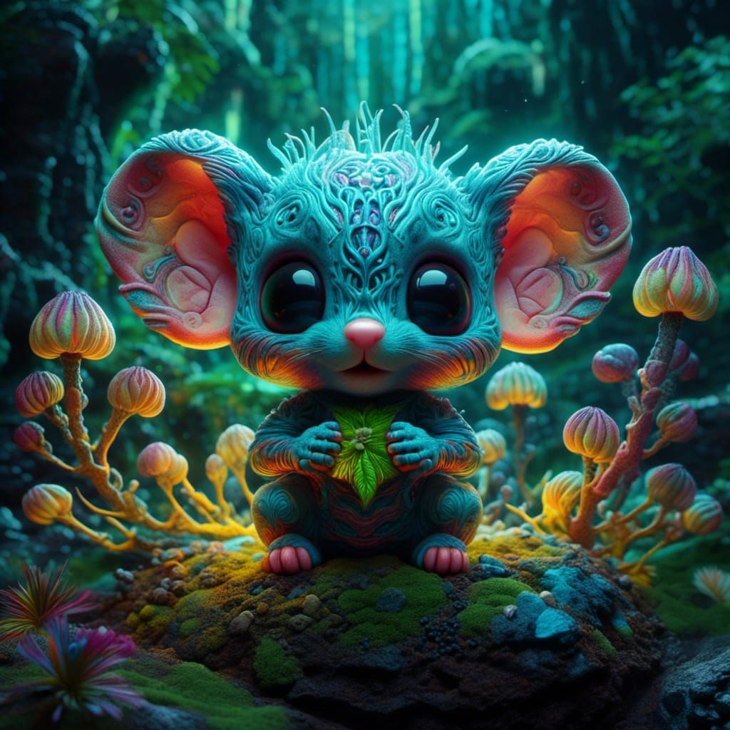 Aqua Chibi Mouse Merges with Biomechanical Fern