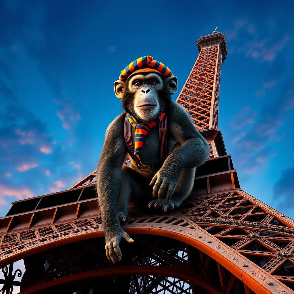 Majestic Monkey Ascends the Eiffel Tower in a Vibrant Beret