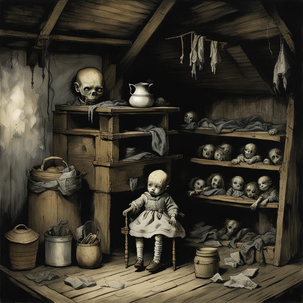 Creepy Old Doll in Grimdark Surrealist Style