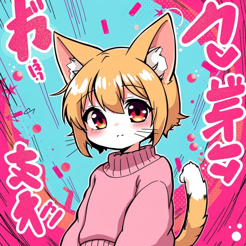 Vibrant Anime Neko Girl in Pastel Hues