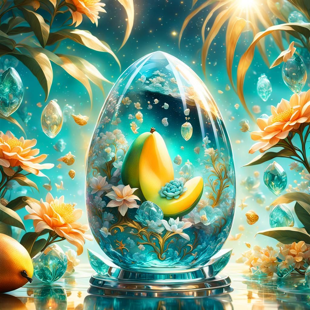 Surreal Glass Mango Ocean Scene in Vibrant Digital Art Style