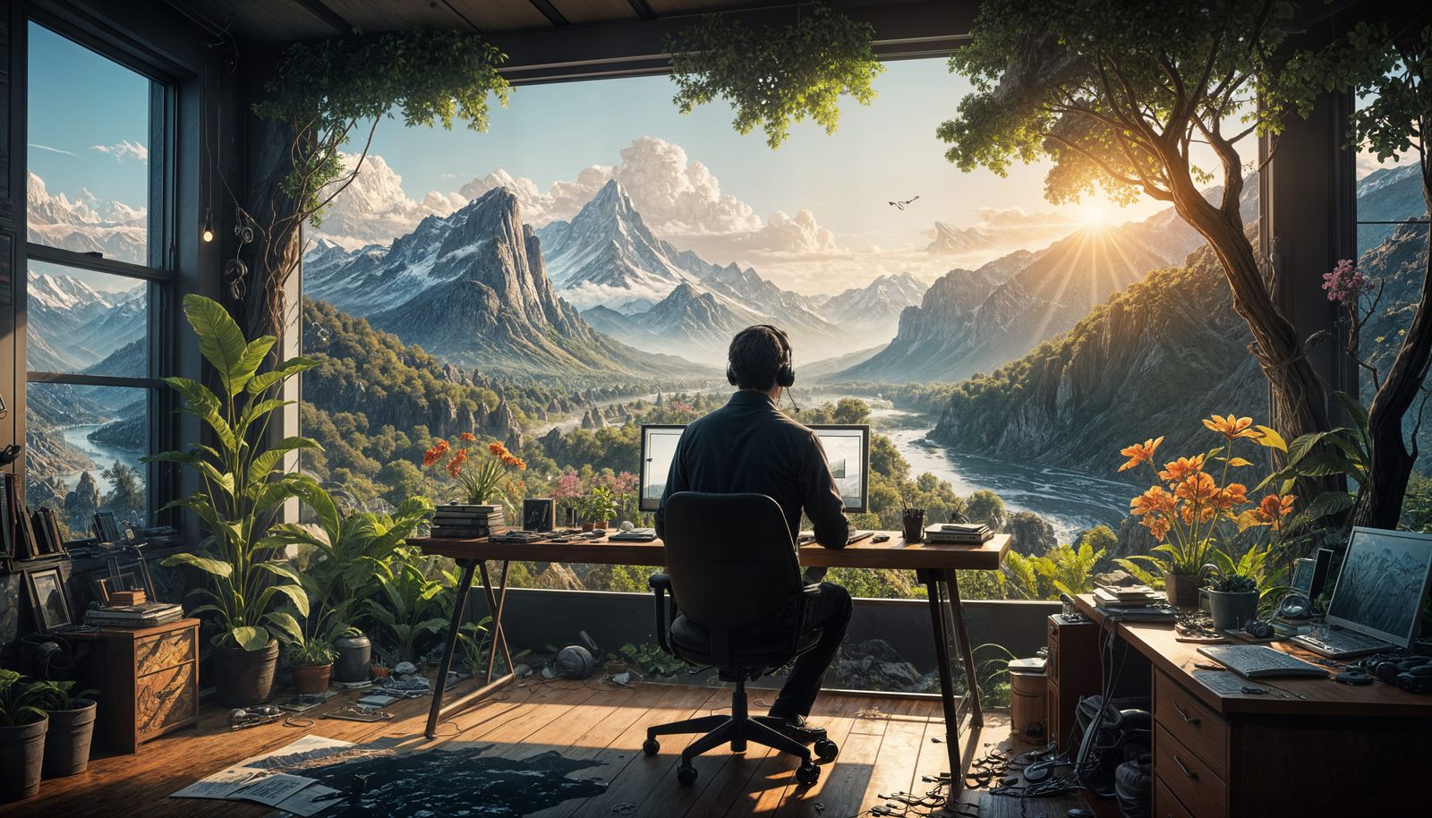 Man in Home Office Contrasts Nature Landscape