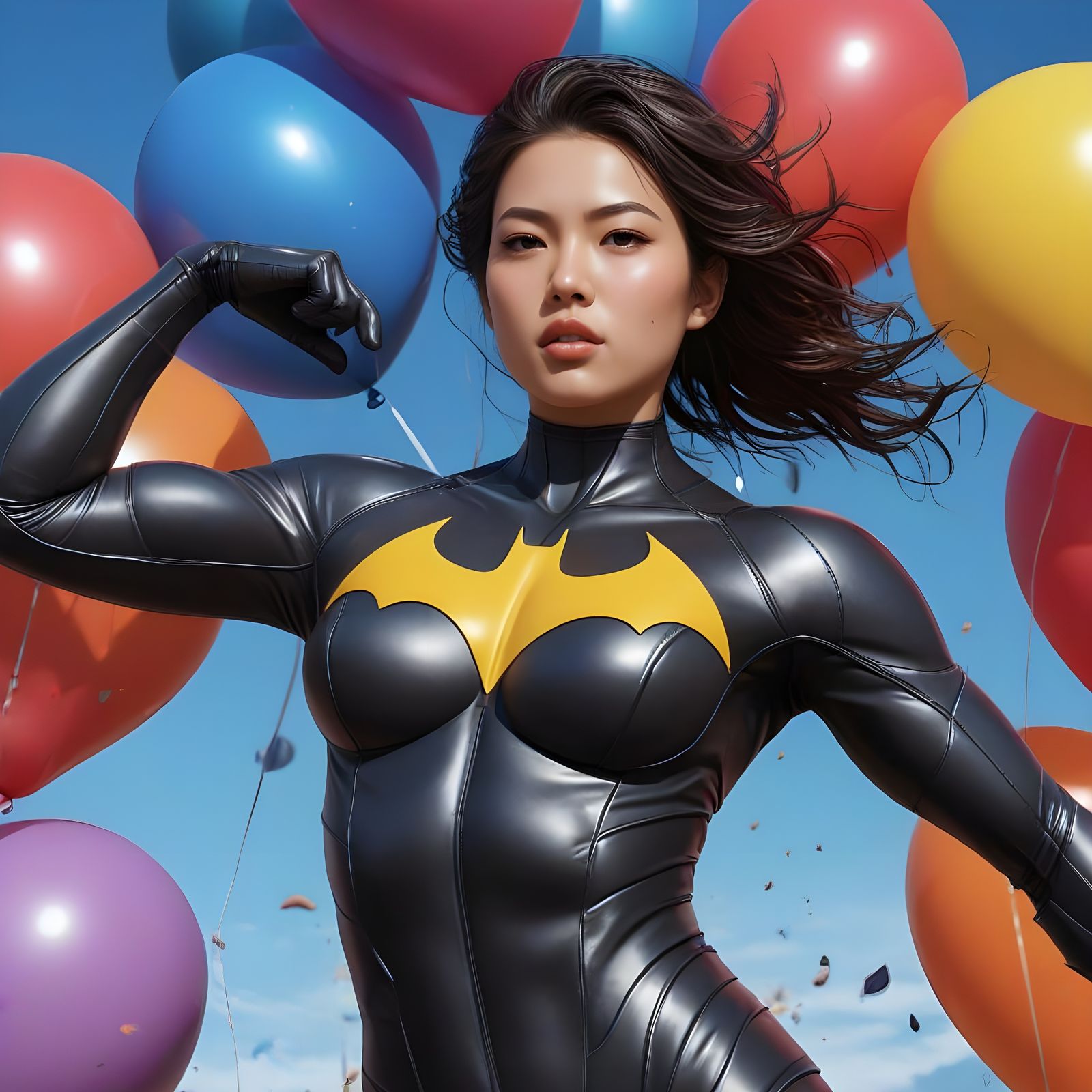 Muscular Batwoman Flexing in Balloon Wonderland