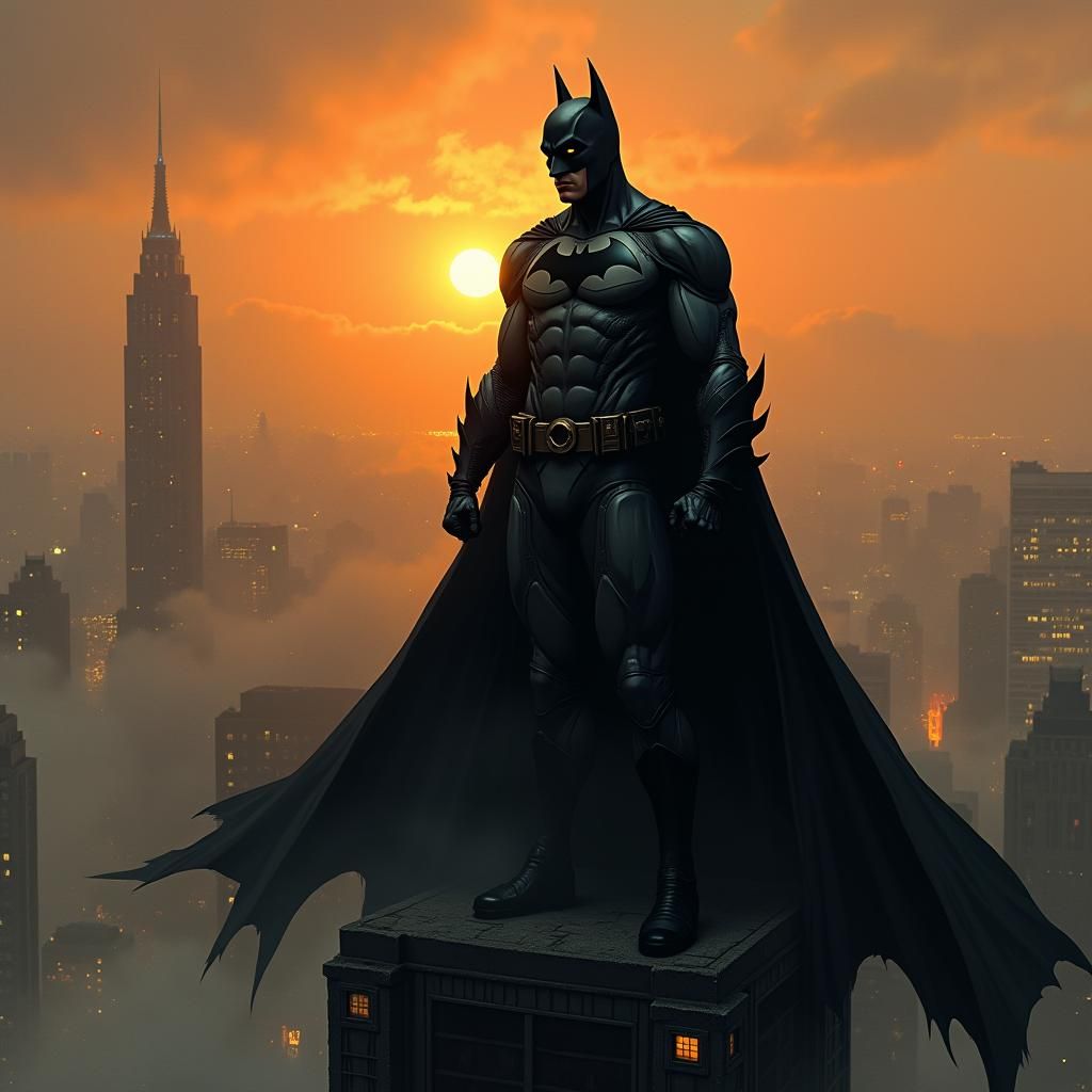 Batman on Gotham Rooftop at Sunset, Noir Comic Style