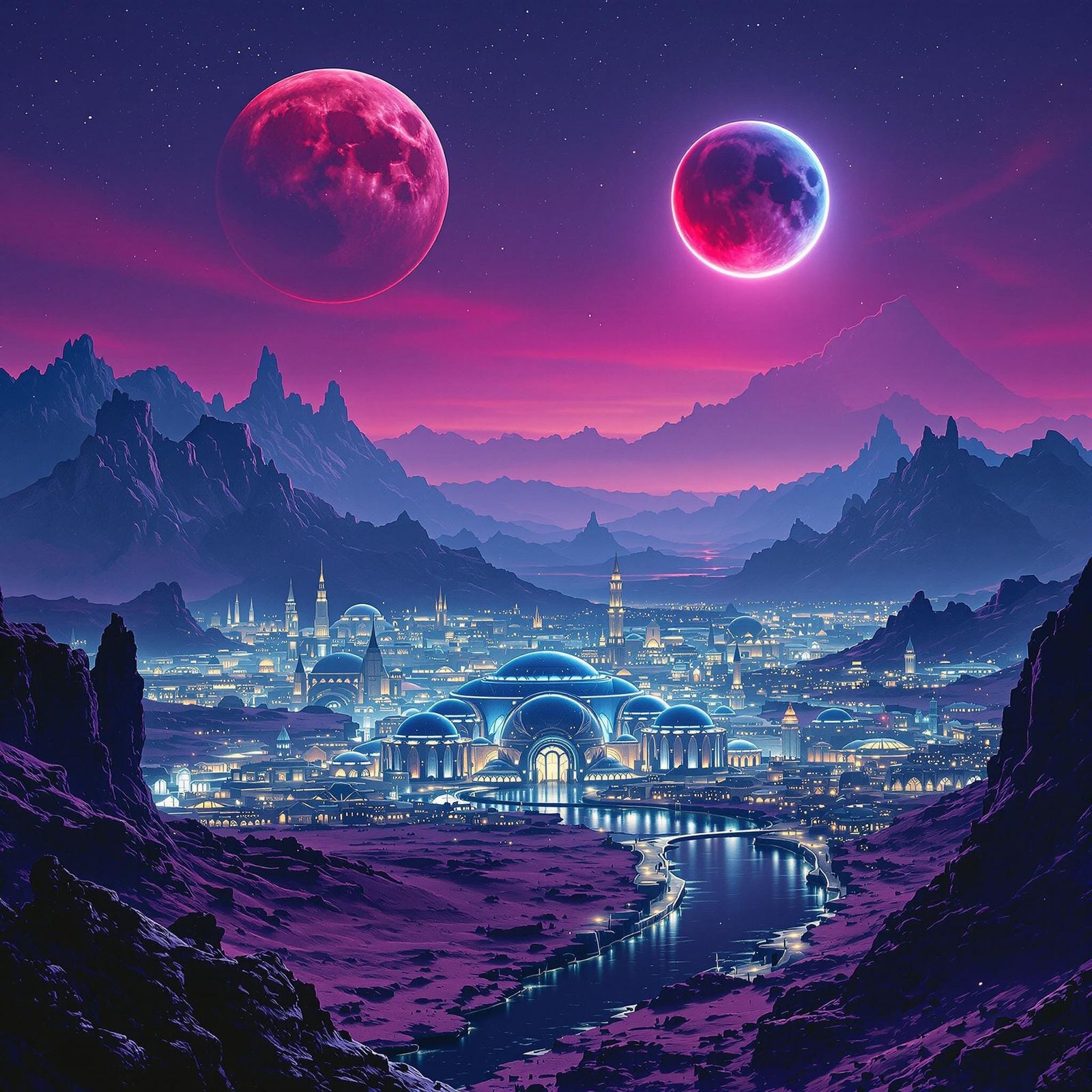 Ethereal City of Interconnected Domes at Lunar Eclipse