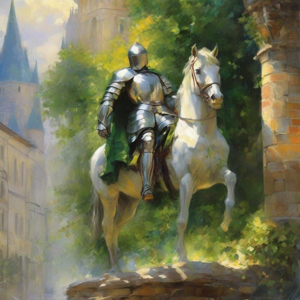 Knight with Green Bough, Fairytale Oil Painting
