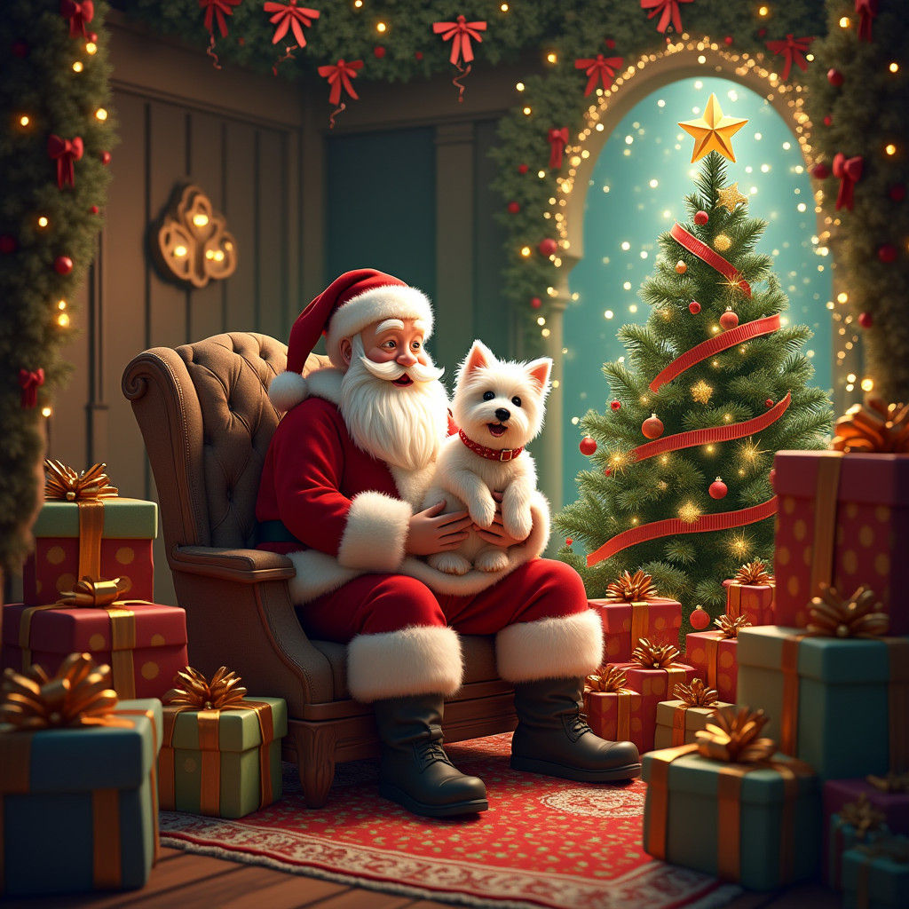 Westie Dog Jock with Santa in Christmas Grotto