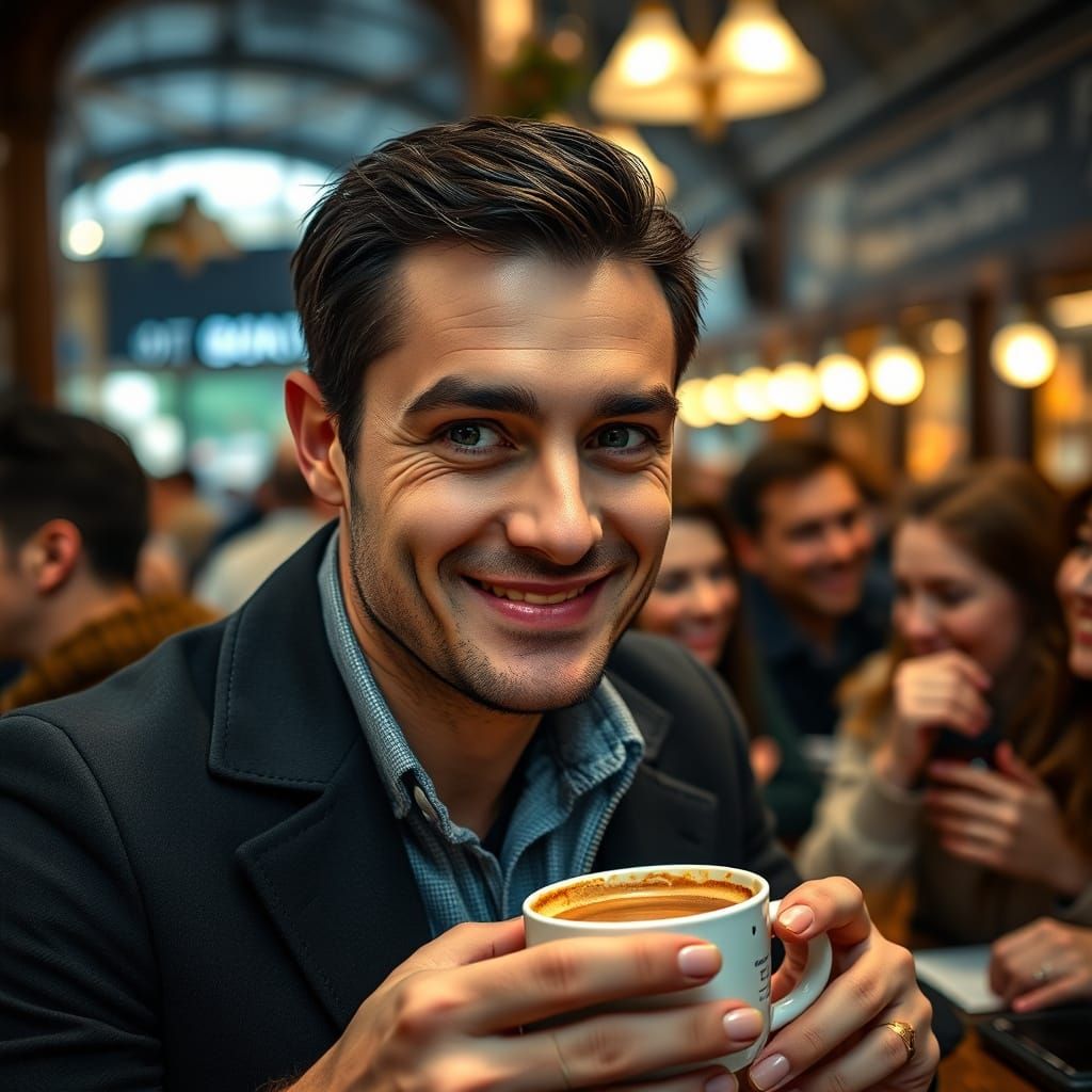 Smiling Man Drinks Coffee in Parisian Cafe Portrait