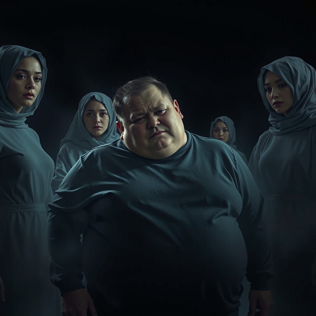 Man Haunted by Ethereal Figures in Foggy Night