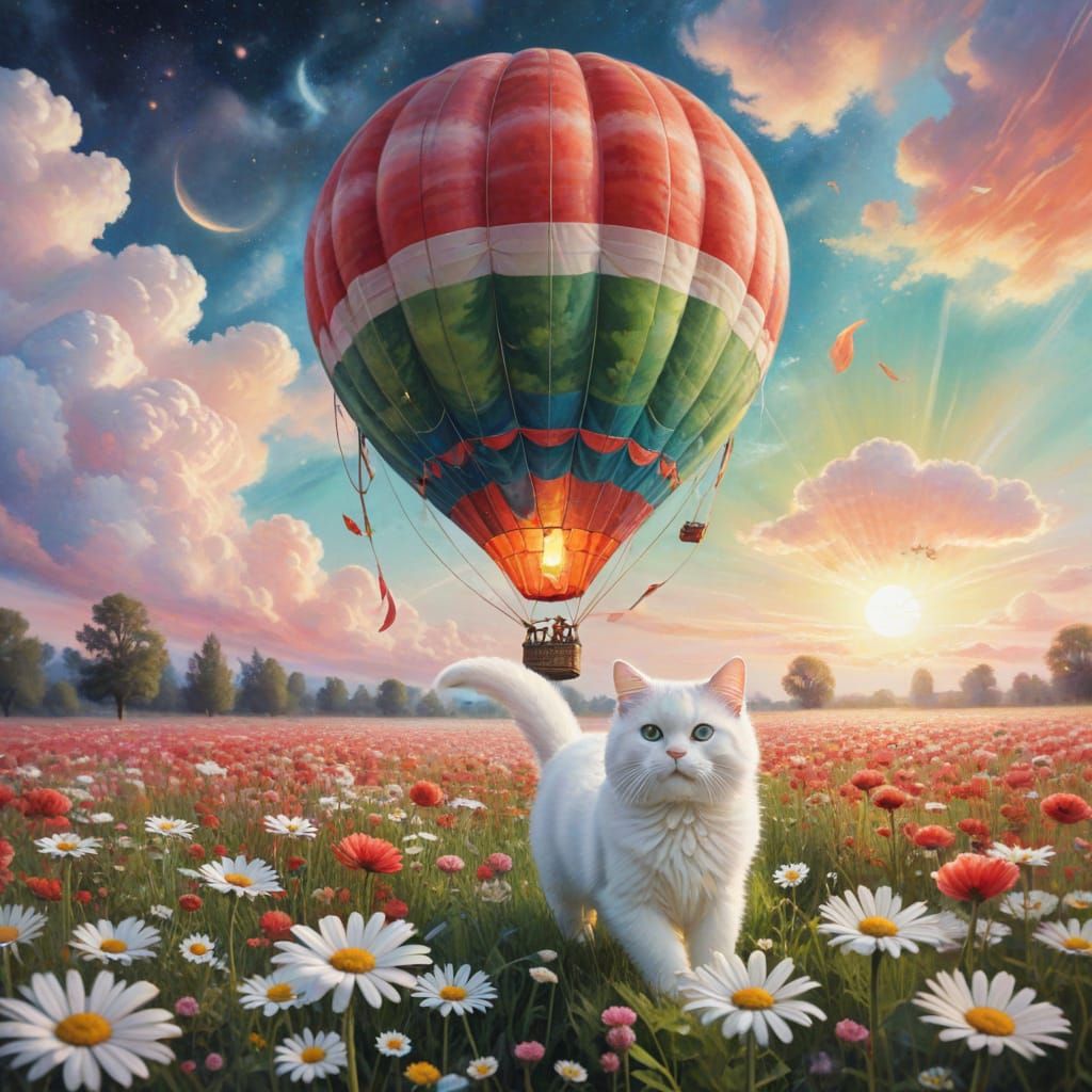 Fluffy Cat in Watermelon Balloon, Watercolor Fantasy