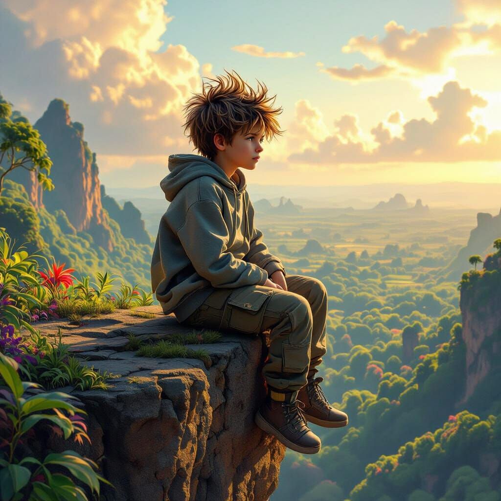 Boy on Cliff Overlooking Jungle, Digital Matte Painting