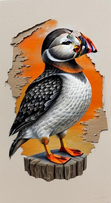 Realistic Puffin Decoupage Collage