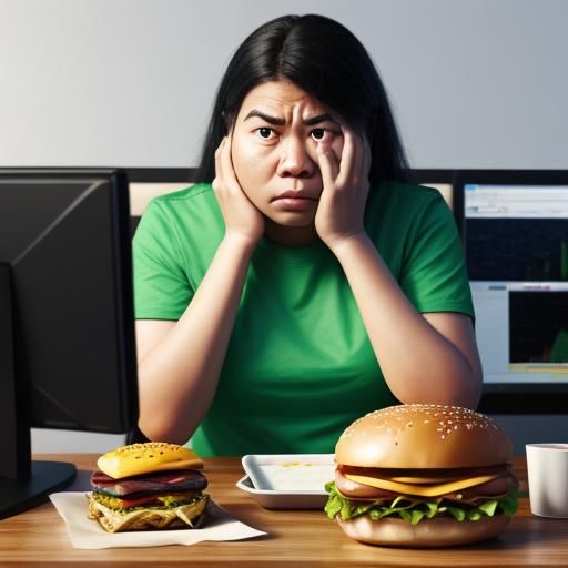 Stressed Worker with Giant Burger: 3D Render