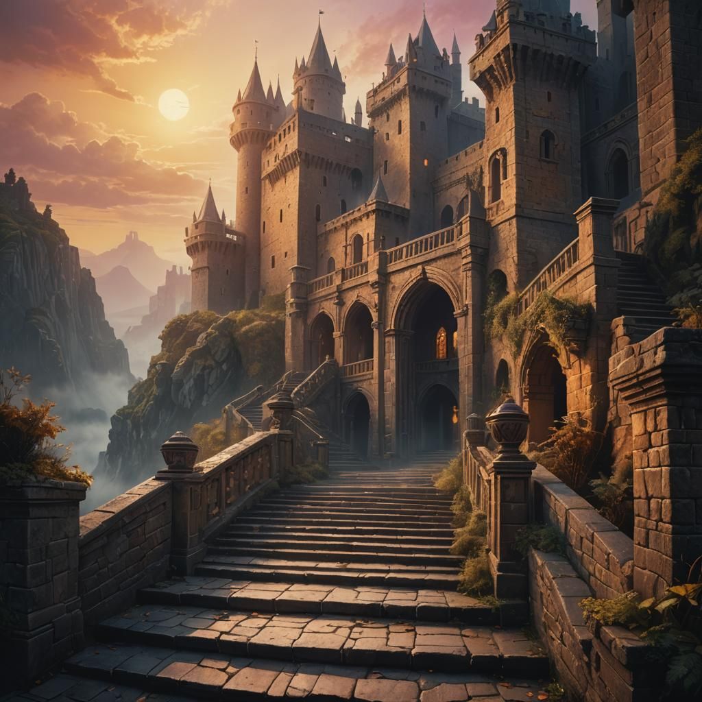 Mystical Castle Ascent: Ethereal Oil Painting in Golden Ligh...