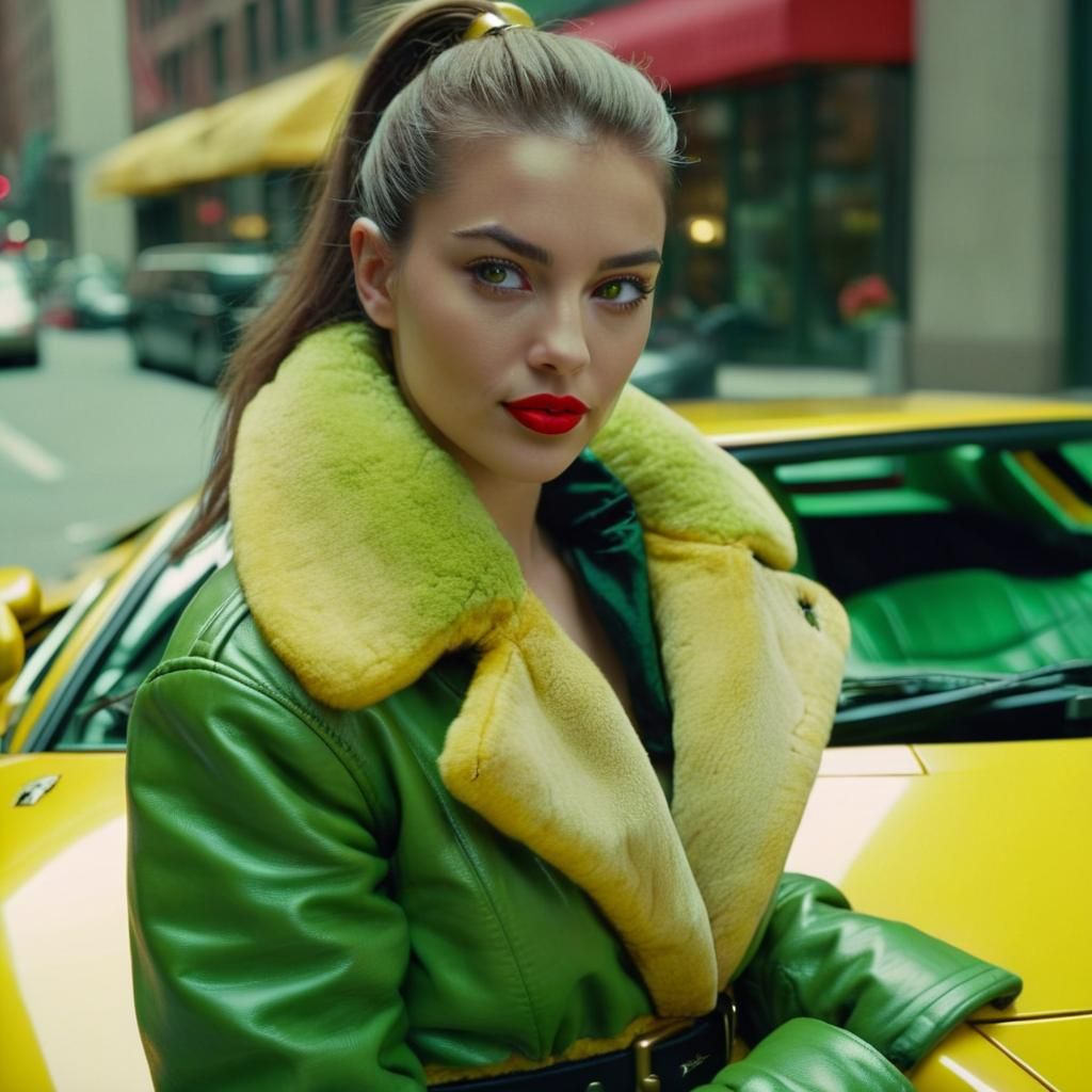 Beautiful Woman Leaning on Lamborghini in Cityscape
