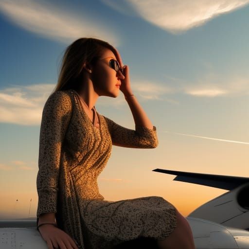 Girl on Jet at Sunset: Hyperrealistic Image