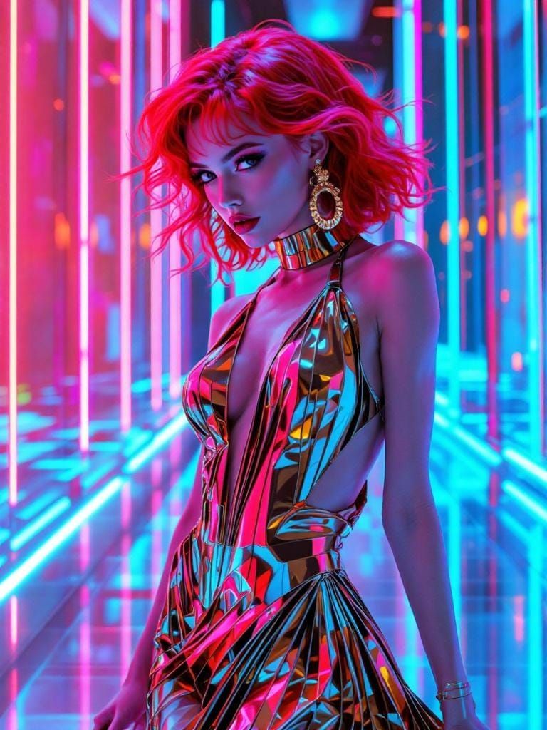 Chrome Woman in Vaporwave Style Pleated Dress