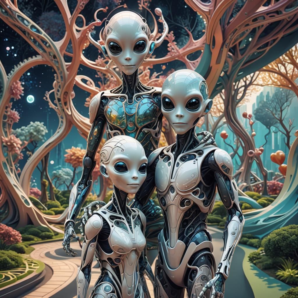 Happy Couple Photobombed by Alien in Futuristic Park