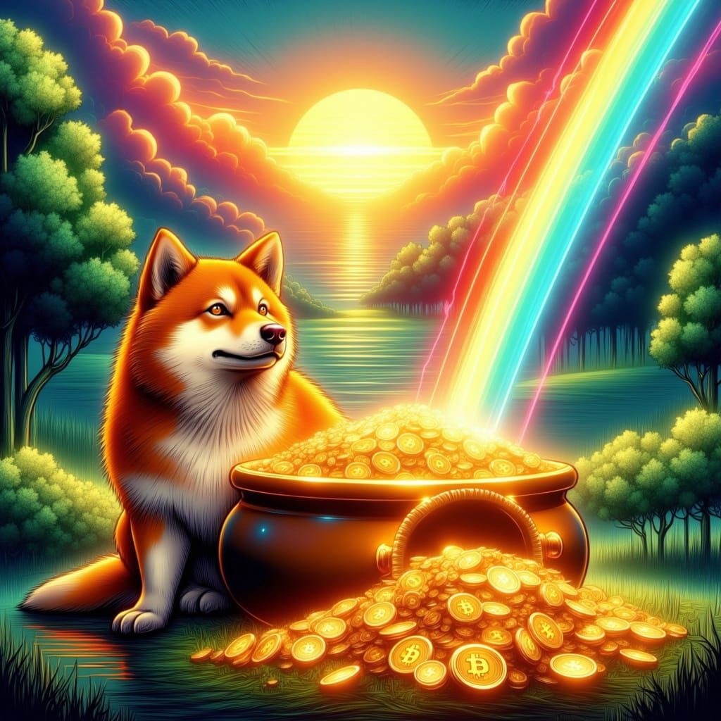 Glowing Pot of Gold and Golden Bitcoins at Rainbow's End in ...