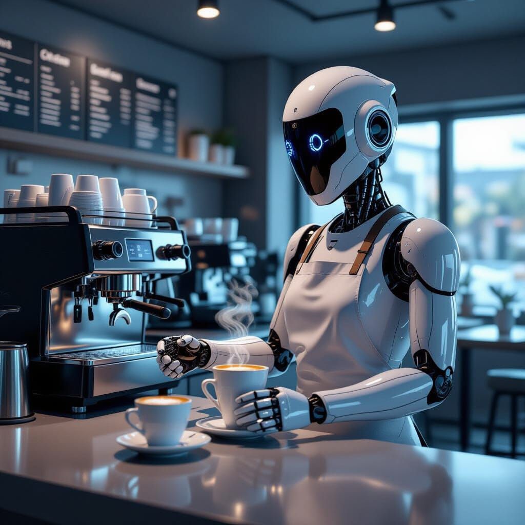 Robot Barista Serves Coffee in Futuristic Cafe