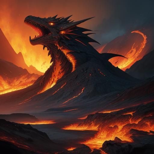Volcano Dragon Breathing Fire in Oil Painting Style