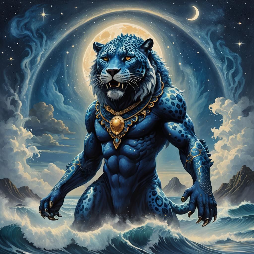 Mystical Blue Jaguar Man in Anime Style