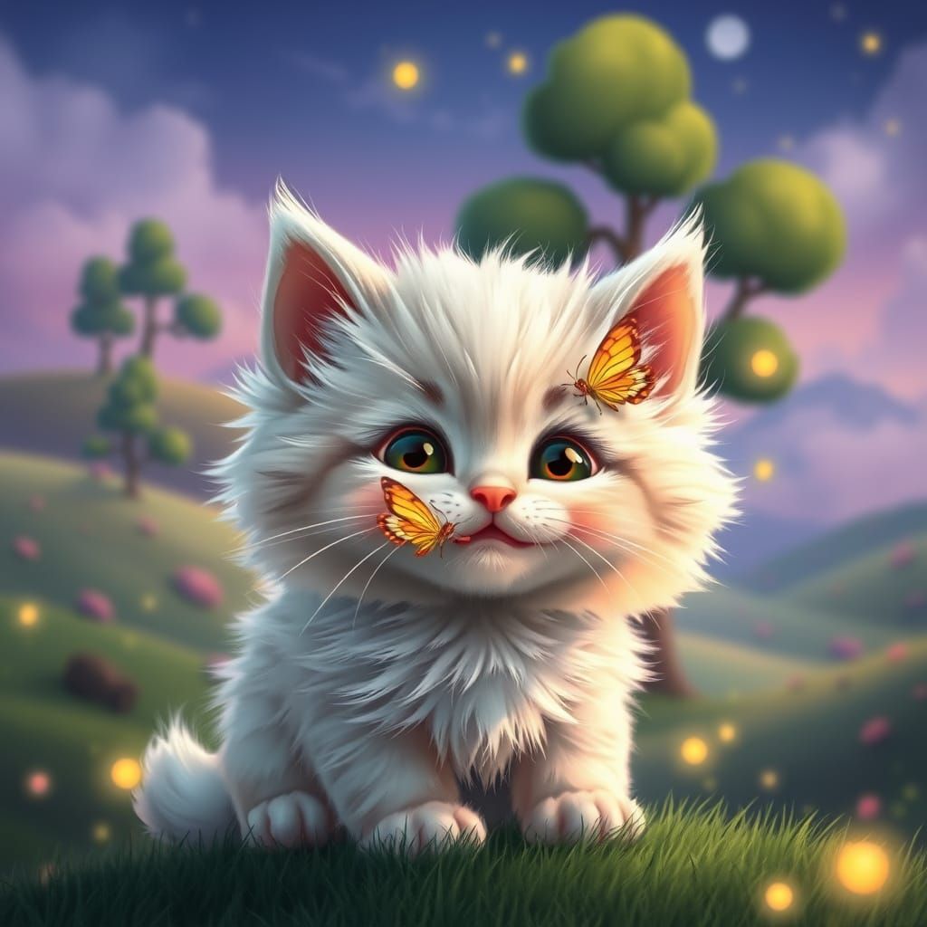 Whimsical Kitten in Fantasy Landscape, Pixar-Style Cartoon