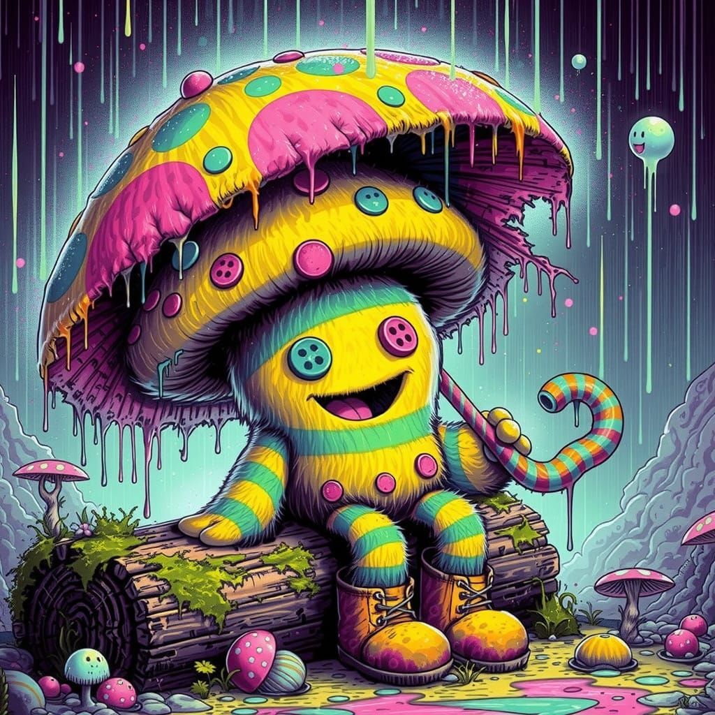 Mushroom Spirit in Grunge Landscape with Candy Art Style
