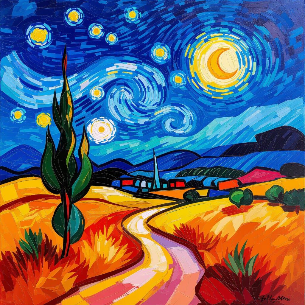 Desert Night Landscape in Neo-Impressionist Style