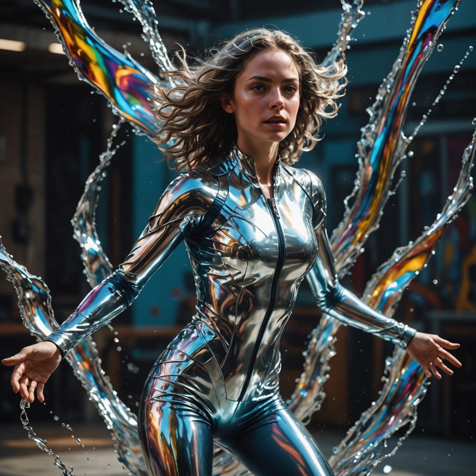 Liquid Mercury Woman Dancing in Splash Art Style