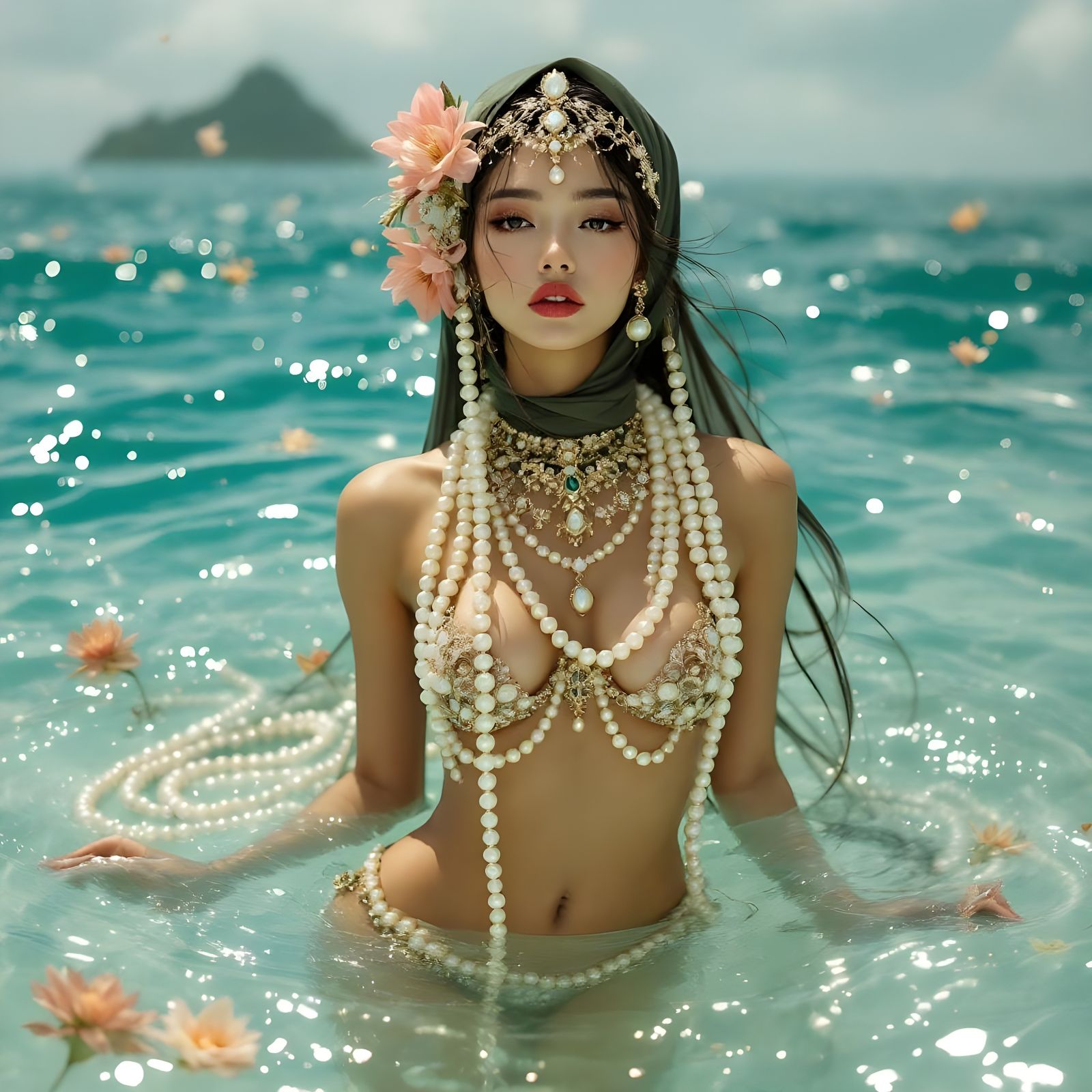 Woman in Pearl Bikini: Art Nouveau Style