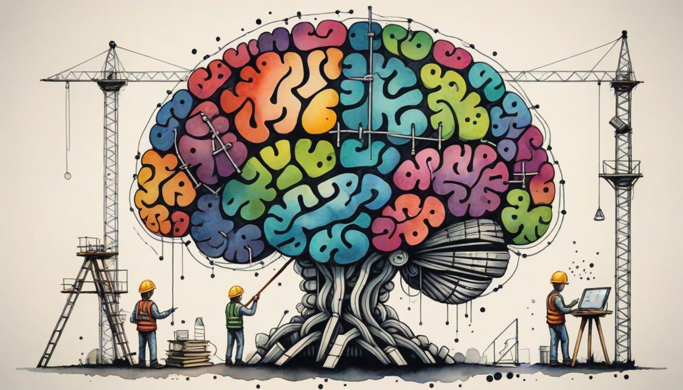 Surreal Brain Construction Site in Watercolor and Ink