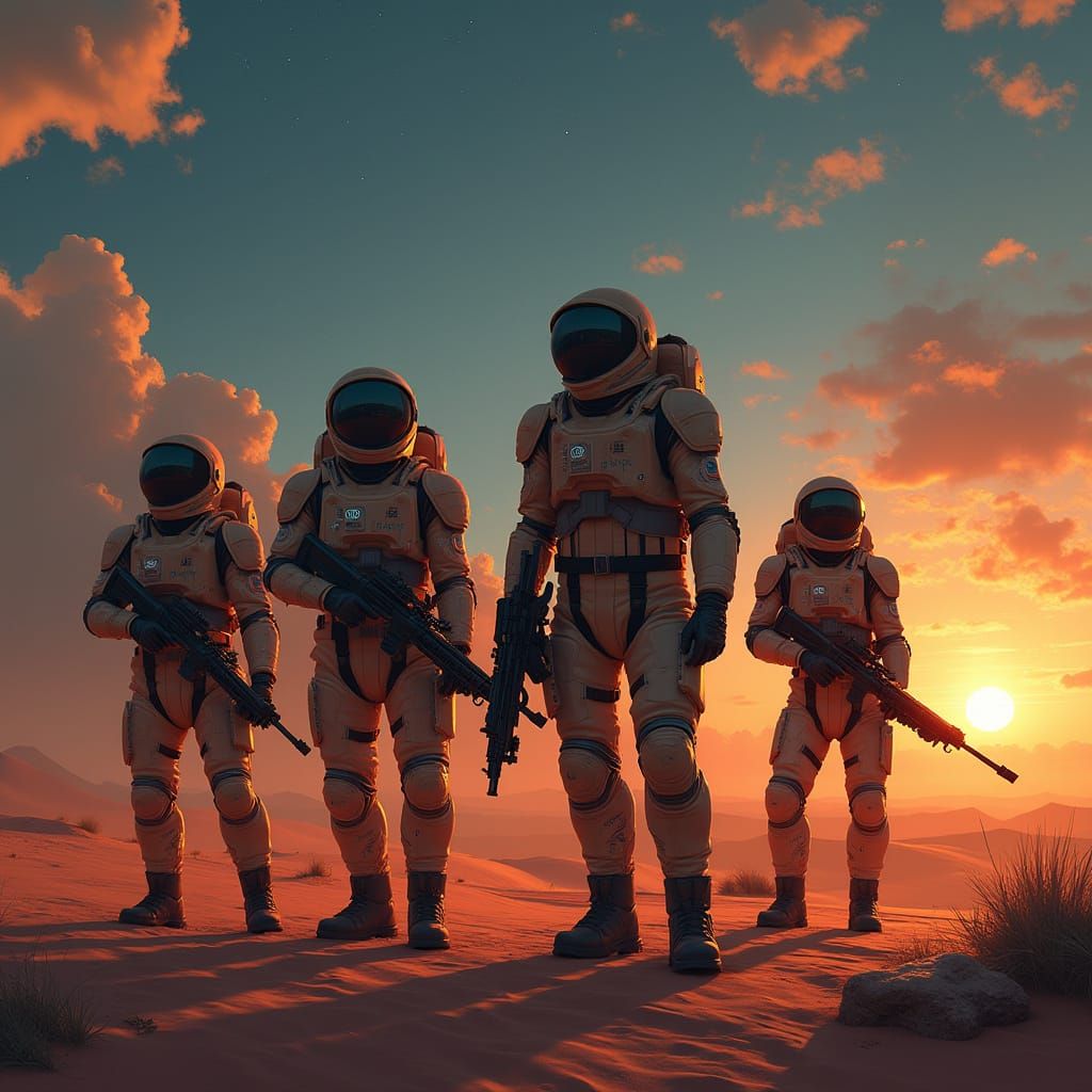 Astronauts on Alien Planet at Sunset